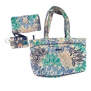 Vera Bradley Santiago Print Blue Teal Tan floral paisley Bag Wallet 2 piece set